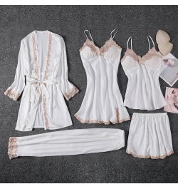 Pajama Set Women Lace Trim Satin Sleepwear Pyjamas Pour Femme Summer Nightwear With Pants Casual Home Wear Kimono Robe Gown $...