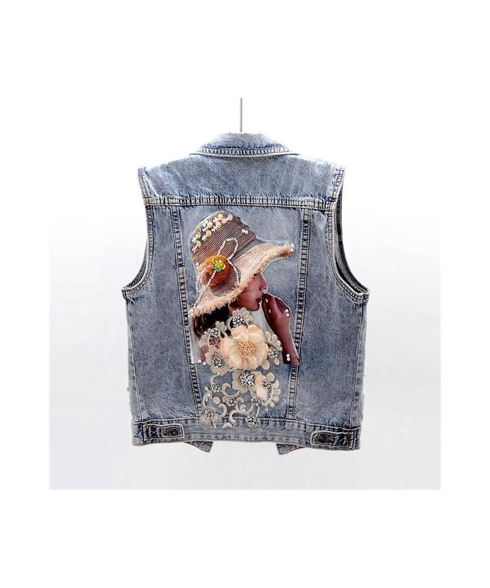 Spring Autumn Women Denim Vest Coat New Diamond Flowers Waistcoat Sleeveless Vintage Short Jacket Jeans Vest Casual Female To...