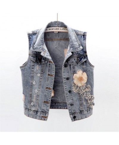 Spring Autumn Women Denim Vest Coat New Diamond Flowers Waistcoat Sleeveless Vintage Short Jacket Jeans Vest Casual Female To...