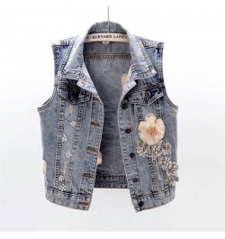 Spring Autumn Women Denim Vest Coat New Diamond Flowers Waistcoat Sleeveless Vintage Short Jacket Jeans Vest Casual Female To...