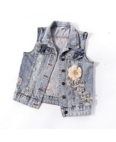 Spring Autumn Women Denim Vest Coat New Diamond Flowers Waistcoat Sleeveless Vintage Short Jacket Jeans Vest Casual Female To...