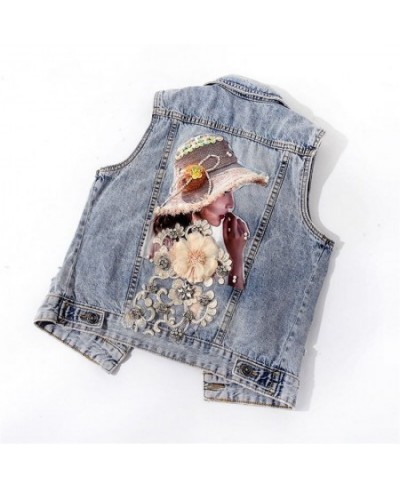 Spring Autumn Women Denim Vest Coat New Diamond Flowers Waistcoat Sleeveless Vintage Short Jacket Jeans Vest Casual Female To...