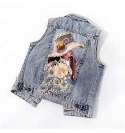 Spring Autumn Women Denim Vest Coat New Diamond Flowers Waistcoat Sleeveless Vintage Short Jacket Jeans Vest Casual Female To...