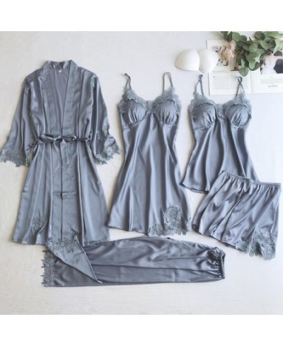 Sexy Women Lace Home Wear Sleep Set Casual Satin Gray Sleepwear Home Clothing Silky Solid Suit Nightgown Sleepwear $55.13 - S...