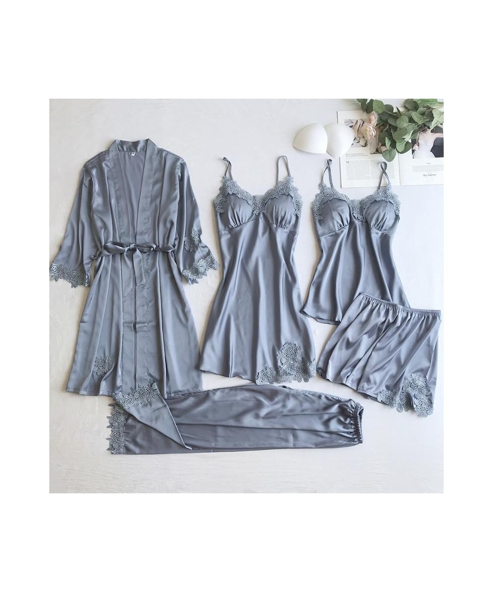 Sexy Women Lace Home Wear Sleep Set Casual Satin Gray Sleepwear Home Clothing Silky Solid Suit Nightgown Sleepwear $55.13 - S...