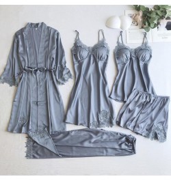 Sexy Women Lace Home Wear Sleep Set Casual Satin Gray Sleepwear Home Clothing Silky Solid Suit Nightgown Sleepwear $55.13 - S...