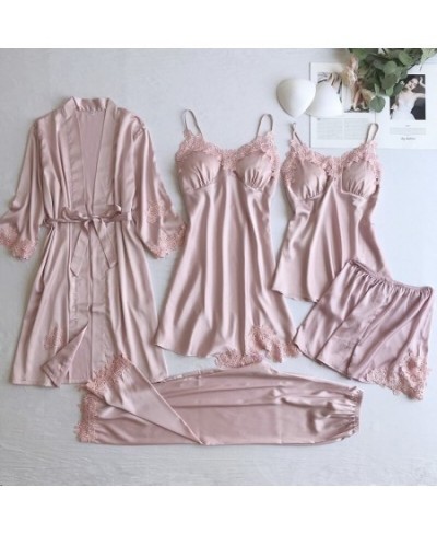 Sexy Women Lace Home Wear Sleep Set Casual Satin Gray Sleepwear Home Clothing Silky Solid Suit Nightgown Sleepwear $55.13 - S...