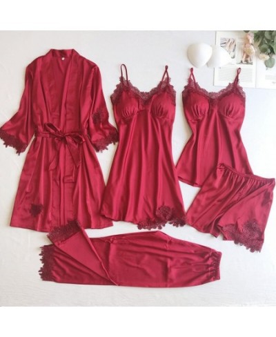 Sexy Women Lace Home Wear Sleep Set Casual Satin Gray Sleepwear Home Clothing Silky Solid Suit Nightgown Sleepwear $55.13 - S...