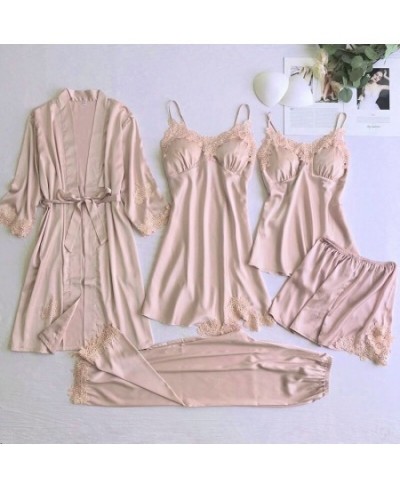 Sexy Women Lace Home Wear Sleep Set Casual Satin Gray Sleepwear Home Clothing Silky Solid Suit Nightgown Sleepwear $55.13 - S...