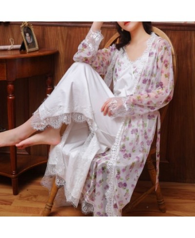 Floral Mesh Night Dress Robe Sets Women Two Pieces Sexy Long Peignoir Romantic Nightgown Bathrobe Nightwear Princess Sleepwea...