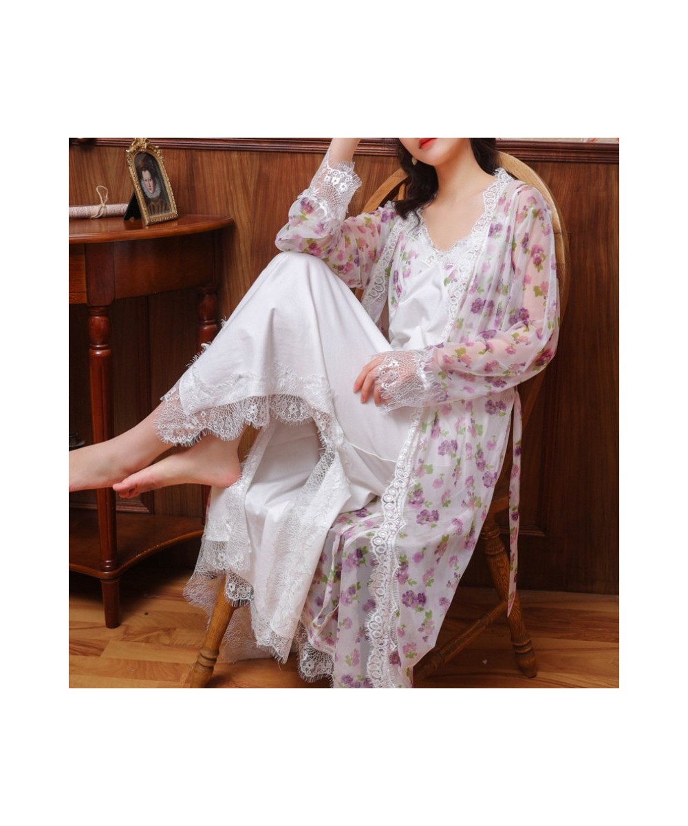 Floral Mesh Night Dress Robe Sets Women Two Pieces Sexy Long Peignoir Romantic Nightgown Bathrobe Nightwear Princess Sleepwea...