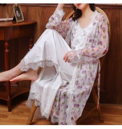 Floral Mesh Night Dress Robe Sets Women Two Pieces Sexy Long Peignoir Romantic Nightgown Bathrobe Nightwear Princess Sleepwea...