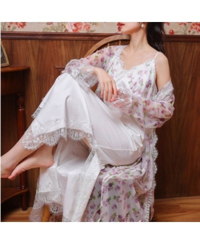 Floral Mesh Night Dress Robe Sets Women Two Pieces Sexy Long Peignoir Romantic Nightgown Bathrobe Nightwear Princess Sleepwea...