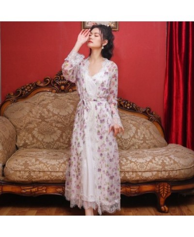 Floral Mesh Night Dress Robe Sets Women Two Pieces Sexy Long Peignoir Romantic Nightgown Bathrobe Nightwear Princess Sleepwea...