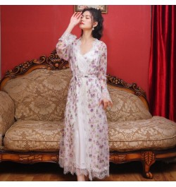 Floral Mesh Night Dress Robe Sets Women Two Pieces Sexy Long Peignoir Romantic Nightgown Bathrobe Nightwear Princess Sleepwea...