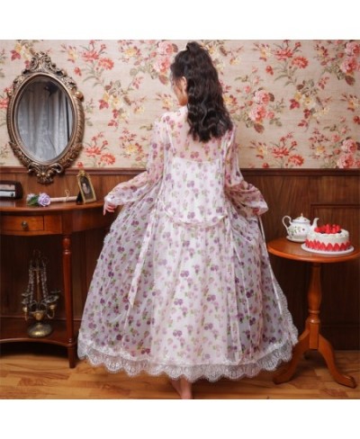 Floral Mesh Night Dress Robe Sets Women Two Pieces Sexy Long Peignoir Romantic Nightgown Bathrobe Nightwear Princess Sleepwea...