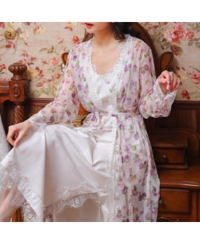 Floral Mesh Night Dress Robe Sets Women Two Pieces Sexy Long Peignoir Romantic Nightgown Bathrobe Nightwear Princess Sleepwea...