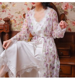 Floral Mesh Night Dress Robe Sets Women Two Pieces Sexy Long Peignoir Romantic Nightgown Bathrobe Nightwear Princess Sleepwea...