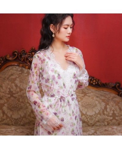 Floral Mesh Night Dress Robe Sets Women Two Pieces Sexy Long Peignoir Romantic Nightgown Bathrobe Nightwear Princess Sleepwea...