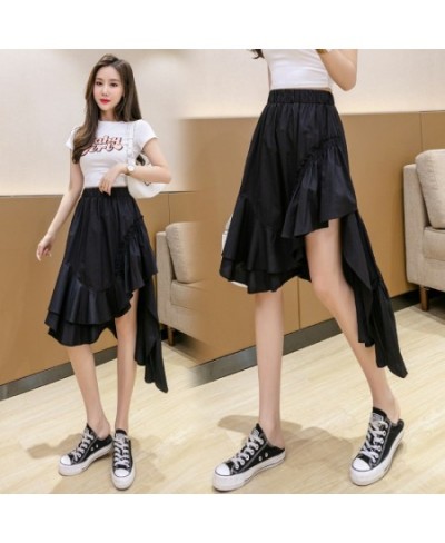 High Low Asymmetrical Ruffled Skirt Korean Fashion Women Summer High Waist Black White Pull-On Midi Skirt Irregular Hem $39.0...