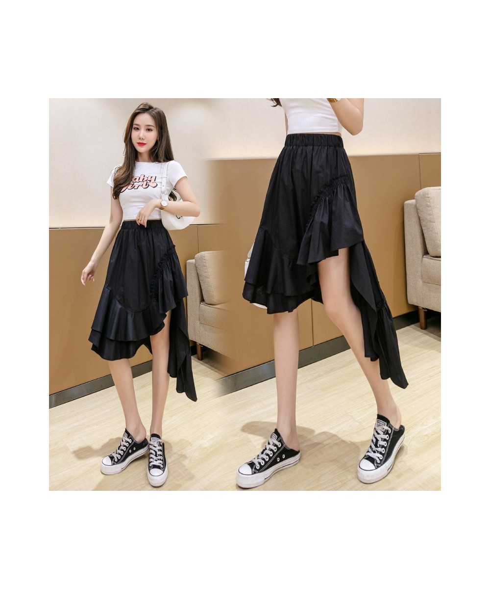 High Low Asymmetrical Ruffled Skirt Korean Fashion Women Summer High Waist Black White Pull-On Midi Skirt Irregular Hem $39.0...