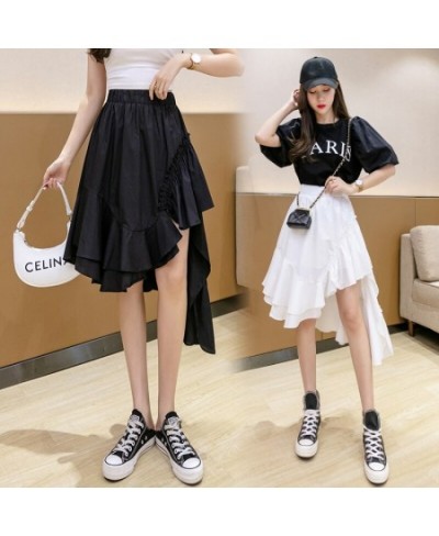 High Low Asymmetrical Ruffled Skirt Korean Fashion Women Summer High Waist Black White Pull-On Midi Skirt Irregular Hem $39.0...