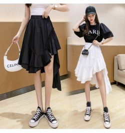 High Low Asymmetrical Ruffled Skirt Korean Fashion Women Summer High Waist Black White Pull-On Midi Skirt Irregular Hem $39.0...