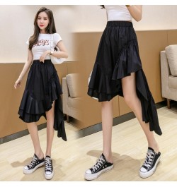 High Low Asymmetrical Ruffled Skirt Korean Fashion Women Summer High Waist Black White Pull-On Midi Skirt Irregular Hem $39.0...