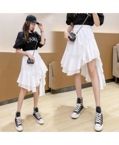 High Low Asymmetrical Ruffled Skirt Korean Fashion Women Summer High Waist Black White Pull-On Midi Skirt Irregular Hem $39.0...