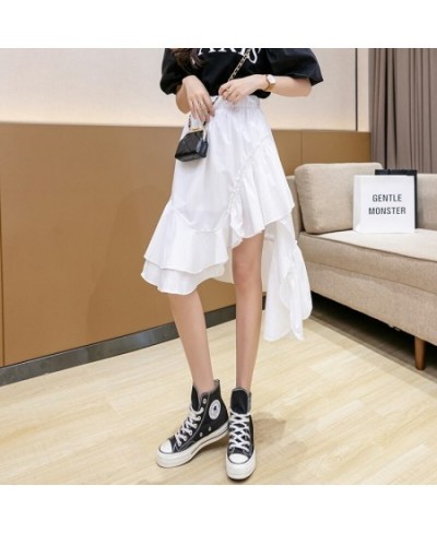 High Low Asymmetrical Ruffled Skirt Korean Fashion Women Summer High Waist Black White Pull-On Midi Skirt Irregular Hem $39.0...