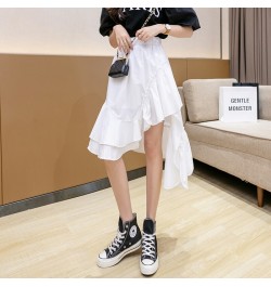 High Low Asymmetrical Ruffled Skirt Korean Fashion Women Summer High Waist Black White Pull-On Midi Skirt Irregular Hem $39.0...