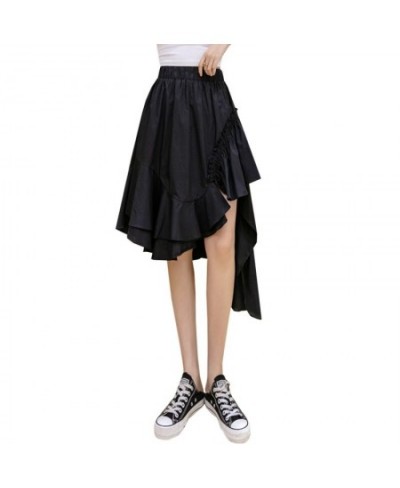 High Low Asymmetrical Ruffled Skirt Korean Fashion Women Summer High Waist Black White Pull-On Midi Skirt Irregular Hem $39.0...