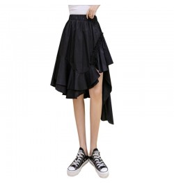 High Low Asymmetrical Ruffled Skirt Korean Fashion Women Summer High Waist Black White Pull-On Midi Skirt Irregular Hem $39.0...