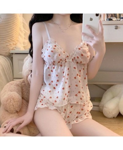 Strawberry Women Pajamas Shorts Sets Korean Sleepwear Pijama Sweet Loungewear Cami Underwear Two Piece Sets Ruffles Night Wea...