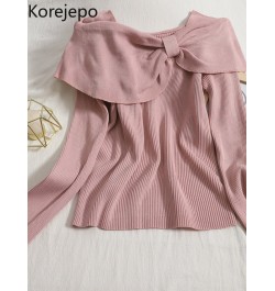 Large Bow Off Shoulder Sweater Women Autumn Winter Temperament Slim Fit Knitwear Top 2022 New Versatile Sexy Pullover $26.96 ...