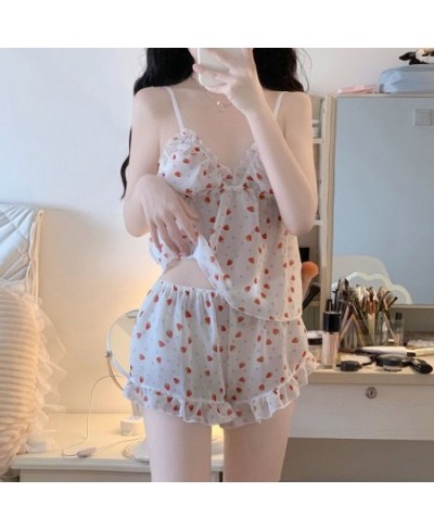 Strawberry Women Pajamas Shorts Sets Korean Sleepwear Pijama Sweet Loungewear Cami Underwear Two Piece Sets Ruffles Night Wea...