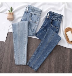 Aesthetic Striped Patchwork Ripped Skinny Jeans for Women XXL High Waist High Stretchy Distressed Pencil Capris Blue Denim $4...