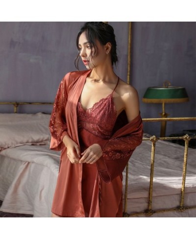 Sexy Faux Silk Robe Sets For Women Lace Nightgown Kimono Bathrobe Gown Perspective Lingerie Sleepwear With Pads Two Piece Set...