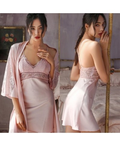 Sexy Faux Silk Robe Sets For Women Lace Nightgown Kimono Bathrobe Gown Perspective Lingerie Sleepwear With Pads Two Piece Set...