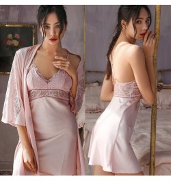 Sexy Faux Silk Robe Sets For Women Lace Nightgown Kimono Bathrobe Gown Perspective Lingerie Sleepwear With Pads Two Piece Set...