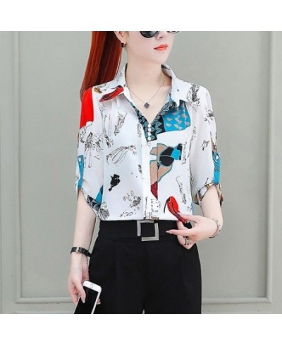 Printed Fashion Turn-down Collar Women's Blouse Pullovers 2023 Summer Female Clothing Korean Casual Half Sleeve Vintage Shirt...