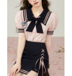 Japanese Sweet Kawaii Two-piece Set Women Pink Korean Kawaii Party Skirt Suit Female Puff Sleeve Blouse＋ Casual Mini Skirt 20...