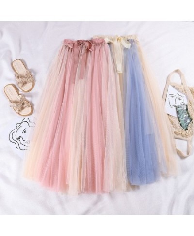 2022 Spring Summer Tie Bow Mesh Skirt Women Elastic High Waist Pleated Ball Gown Skirt Ladies Fairy Long A-Line Dance Skirts ...