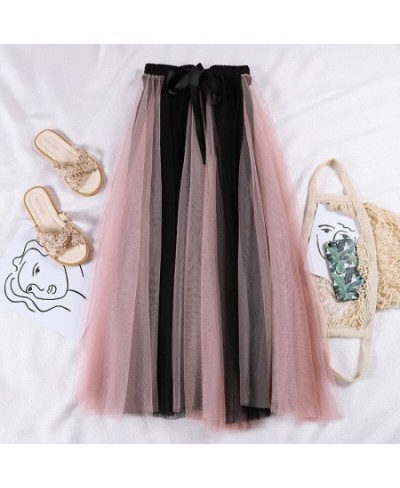 2022 Spring Summer Tie Bow Mesh Skirt Women Elastic High Waist Pleated Ball Gown Skirt Ladies Fairy Long A-Line Dance Skirts ...