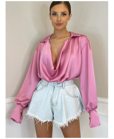 Sanches Pink Satin Cowl Neck Blouse Women Shirt Loose Long Sleeve Turn Down Collar Women's Blouse Solid Casual Elegant Blusas...