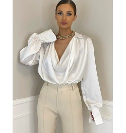 Sanches Pink Satin Cowl Neck Blouse Women Shirt Loose Long Sleeve Turn Down Collar Women's Blouse Solid Casual Elegant Blusas...