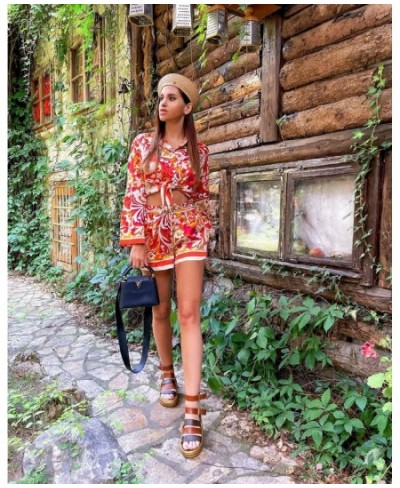 New Summer Women Vintage Casual Bohemia Two-Piece Set Print Hem Bowknot Shirts Female Elastic High Waist Shorts Set $39.93 - ...