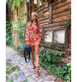 New Summer Women Vintage Casual Bohemia Two-Piece Set Print Hem Bowknot Shirts Female Elastic High Waist Shorts Set $39.93 - ...