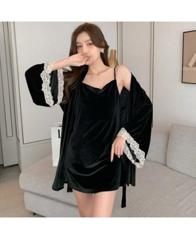 Womens Velvet Pajamas Sexy Nightdress Robe Set Sleepwear Pijama Pajamas Suit Female Sleep 2 Piece Set Women'S Home Nightwear ...