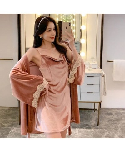 Womens Velvet Pajamas Sexy Nightdress Robe Set Sleepwear Pijama Pajamas Suit Female Sleep 2 Piece Set Women'S Home Nightwear ...